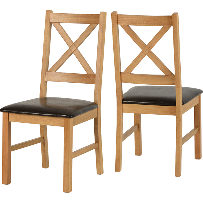 Portland Dining Chair In Oak Varnish With Brown Faux Leather - Click Image to Close